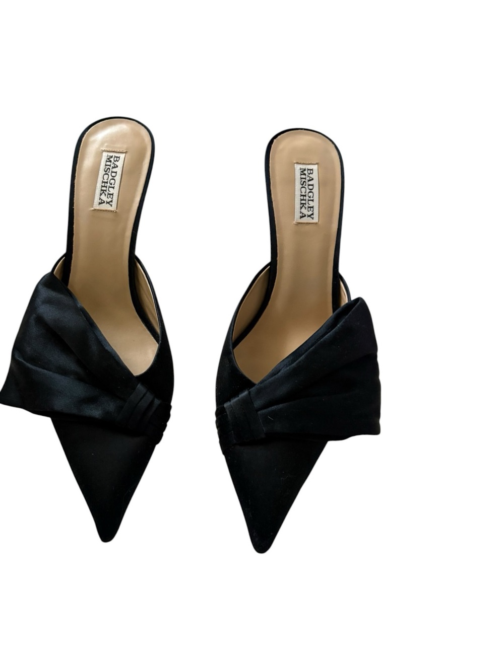 Badgley Mischka Satin Drape Twist Mule Heels Black Pointed Toe Kitten Heel Sz 10